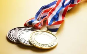 Photo of gold, silver and bronze medals.