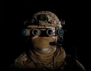 Photo of soldier wearing special vision goggles.