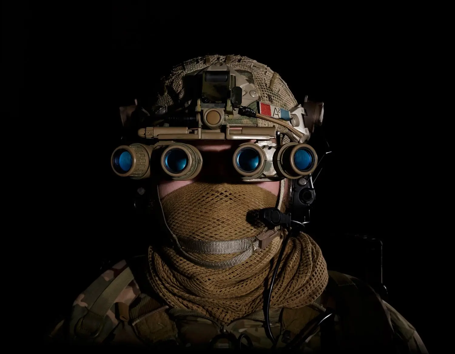 Photo of soldier wearing special vision goggles.