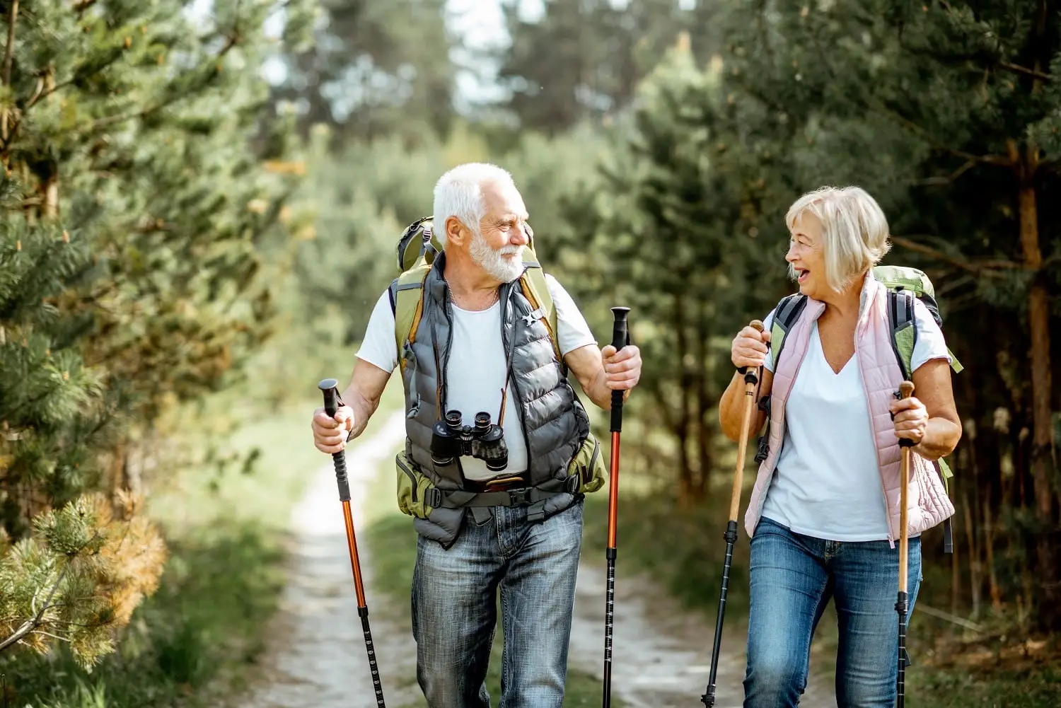 Photo of senior citizens walking through the woods.