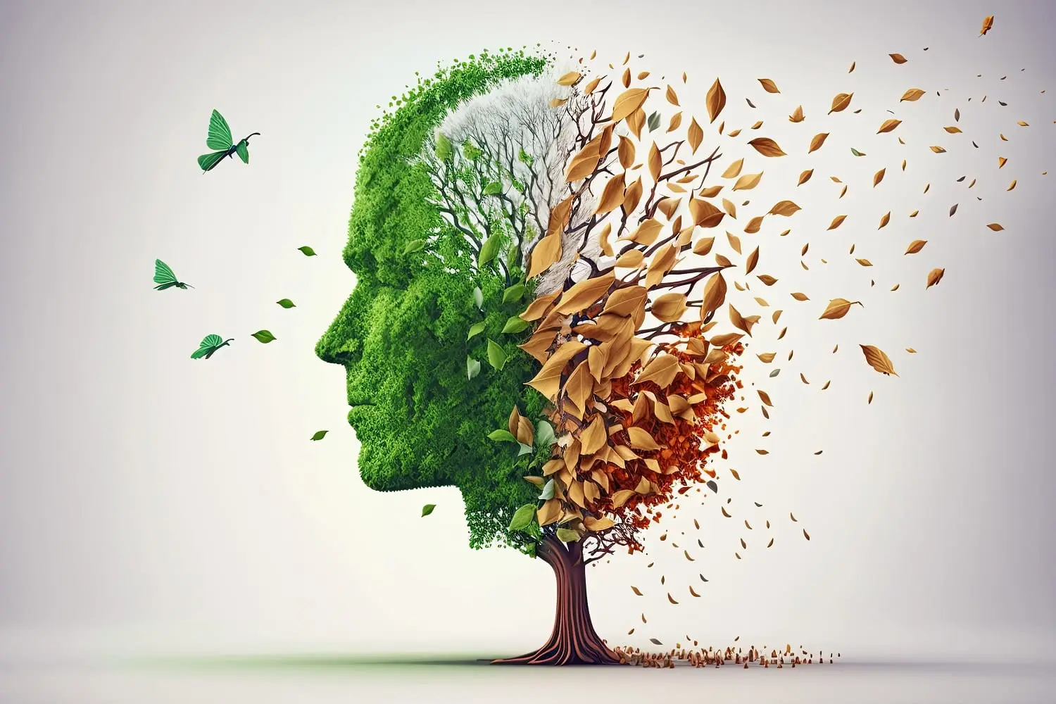 Image of a tree in the form of a face with back of head turning brown and blowing away.