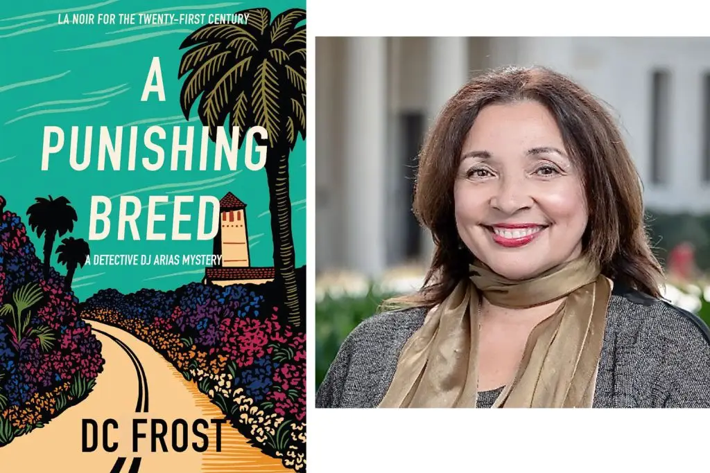 Photo of author DC Frost, and the cover of her first book, "A Punishing Breed."