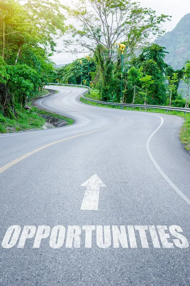Image of a winding road with the word "opportunities" pointing to the way ahead